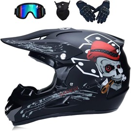 Youth Kids Dirt Bike Motocross Helmet (Goggles Gloves Face Mask) 4PCS Set, DOT Approved Boys Full Face Motorcycle Helmets,ATV BMX MX Mountain Bike Off Road Kid Helmet (Black Skull，XL)