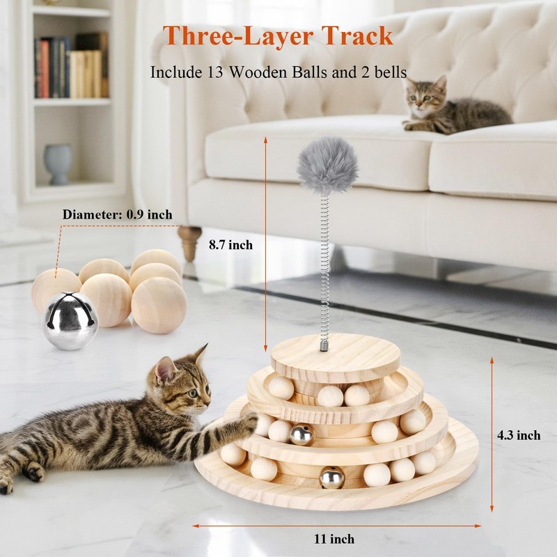 3BAO Large 2-in-1 Wooden cat Toy Tower with Spring cat