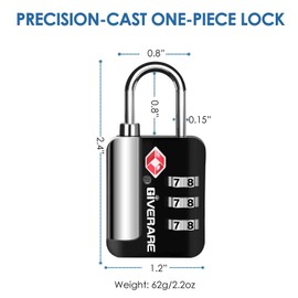 2 Pack TSA Approved Travel Luggage Locks, Suitcase Metal Combination Lock, Alloy Keyless 3-Digit Zipper Padlocks, TSA Accepted Compatible Padlock for Gym Locker, Golf Bag Case, Backpack-Black