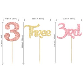 Paquete de 24 adornos para cupcakes de tercer cumpleaños con purpurina para tercer cumpleaños, tres púas para baby shower, tercer cumpleaños, aniversario, fiesta, decoración de pasteles, suministros de oro, rosa, oro rosa