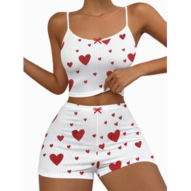 Hilinker Womens Cute 2 Piece Pajama Set Ribbed Cami Top and Shorts Sleepwear Summer Pjs White Red Heart Large