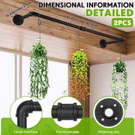 Honeydak 2 Pcs 36.02 x 10.63 Inch Plant Hanging Rod with Hooks Metal Plant Hanger Indoor Holder Window Shelves Hanging Planters Wall Mount Planter Bar for Ceiling Garden, Black