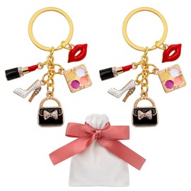 SIQYUWM 2Pcs Makeup Keyrings Alloy Enamel Lipstick Handbag Red Lips High Heel Shoe Blush Cosmetic Charm Keychains for Ladies Women Accessories