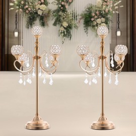 GXFCHYL 2 Pack 5-Arm Crystal Candelabra Candle Holder 33.8 Inches Tall Floor Candle Holder with 5 Clear Crystal Pendant Candelabras Centerpieces for Table Decoration (Gold)