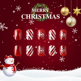 RIICFDD Christmas Nails Square Press on Nails Short Fake Nails Red Glitter False Nails Red White Stripe Stick on Nails Snowflake Glue on Nails Full Cover Acrylic Nails for Women Nail Decor 24 Pcs