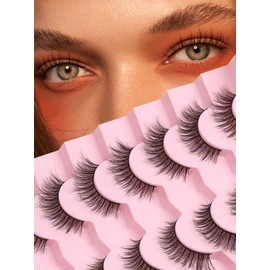 Eyelashes Natural Cat Eye Lashes Wispy Eyelashes Flared Strip Lashes 16mm Fluffy False Eyelashes C Curl Fake Lashes 0.1MM Thin Band Siligli Soft 7 Pair Lashes Pack