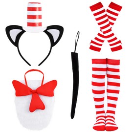 5 Pcs Cat Costume Set Include Hat Headband,Oversized Bowtie with Fur,Gloves,Socks and Tail for Kids World Book Day Dress Up