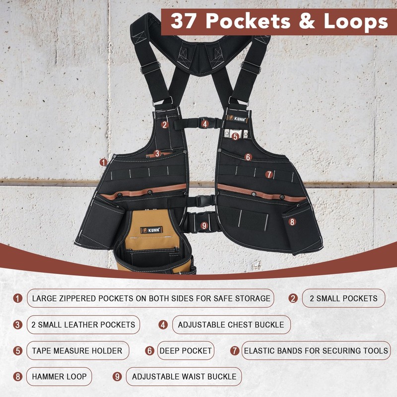 KUNN Leather Tool Vest for Men – Adjustable 37-Pocket Work