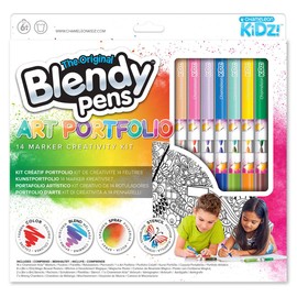 Blendy Pens Art Portfolio Set of 14 Felt Tip Pens, 7 Colouring Pens, Mixing Chambers, 8 Magic Posters, 2 Stencils and Airbrush, Marker in 14 Colours for Great Gradients, Creative Set for Children from