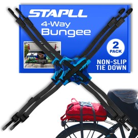 STAPLL Tack Strap – 4-Way Flat Bungee Cord with Rubber Pad Grip, Non-Slip Tie Down Straps for Motorcycle, ATV, Kayak, Cycling, Camping, Truck Storage, Adjustable Bungee Cords - 2 Pack (Black & Blue)