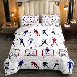 Ice Hockey Bedding Set Kids Sports Event Comforter Set Hockey Player Comforter for Boys Room Decor Lightweight Duvet Set Full with 2 Pillow Case
