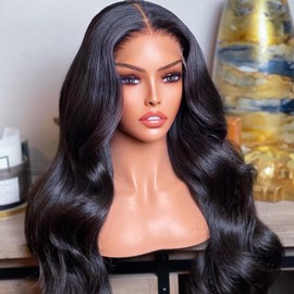 BEEOS 13x6 Ultra-fitted Real HD Lace Front Wig, 250% Density Body Wave Invisible Lace Pre-plucked Bleached Knots Natural Black Brazilian Virgin Hair 18 Inch