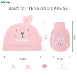 DOKMA Organic Cotton Baby Mittens and Caps Set with Adorable Bunny Design for Newborn 0-6 Months, No Scratch, Ultra Soft, Lovely Pink