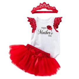 Happy Mother's Day Clothes Outfit for Baby Girl Headband + Romper Bodysuit + Skirt 3PCS Newborn Infant Tutu Set (12-24 Months, Rose)