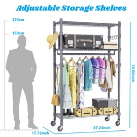 Homdox 3-Tier Garment Rack, Heavy Duty Clothing Wire Shelving, Rolling Free Standing Closet with Lockable Wheels, 1 Hanging Rod and 2 Pairs Side Hooks, Gray
