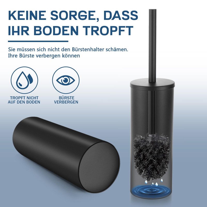 FIISAYL Toilet Brush with Stainless Steel Handle and Base, Black