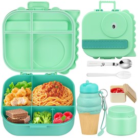 Aimsnk Dinosaur Lunch Box for Kids with Secret Compartment | 4 Compartments Bento Box + 12oz Insulated Food Jar | Leak-Proof Sauce Cup & Collapsible Spoon | BPA-Free, Dishwasher Safe(Green+Green Jar)