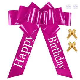 Tikplus Large Bow for Car, Gift Bow, Large 76 x 80 cm, Red Bow Large, Giant Car Bow with Gold, Small Bows and Suction Cup for Car Decoration, Happy Birthday, 18th Birthday (Pink)