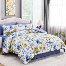 Luxudecor Floral Comforter Set Queen Size 7 Pieces Bed in a Bag, Blue Flower Watercolor Bed Set, Soft Comforter with Sheet Set 90"x90"