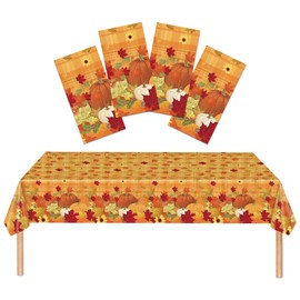 YiYou 4 Pack Thanksgiving Tablecloth 54×108 Inches Plastic Fall Thanksgiving Disposable Tablecloths for Rectangle Tables Waterproof Autumn Pumpkin Table Cover Fall Thanksgiving Decorations