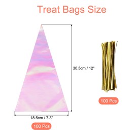 uxcell 100Pcs Cone Treat Bags with Twist Ties, 7" Length 12" Height PET CPP Surface Gift Bags for Small Gift Party Favors, Cookie, Candy, Popcorn Rainbow Tone