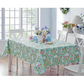 Newbridge Easter Cotton Tail Bunny Party Vinyl Flannel Backed Spring Tablecloth - Cottage Style Bunny Rabbit, Easter Egg & Floral Wipe Clean Easy Care Vinyl Tablecloth, 52” x 70” Oblong/Rectangle