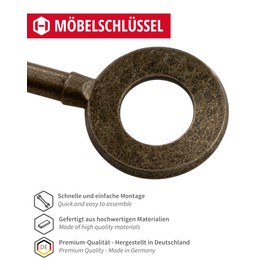 Gedotec HAYDN Beard Key Metal Brown Rubbed | 1 Piece - Furniture Key Antique for Drawers | Straw Length: 38 mm | Colourful Beard Key for Furniture Lock Replacement Key