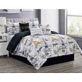 Sapphire Home Queen Size Comforter Set, 7 Piece Bed in a Bag - Paris Decor for Bedroom Comforter Set - Black, White, and Gold Paris Bedroom Comforter Set