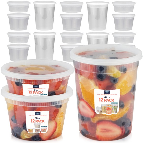 Fit Meal Prep Food Storage Containers with Lids, Round Plastic Deli Cups, Assorted 8 16 32 oz Pint Quart, Leak Proof Airtight, Microwave & Dishwasher Safe, Stackable, Reusable, White, 36 Pack, 3 Sizes