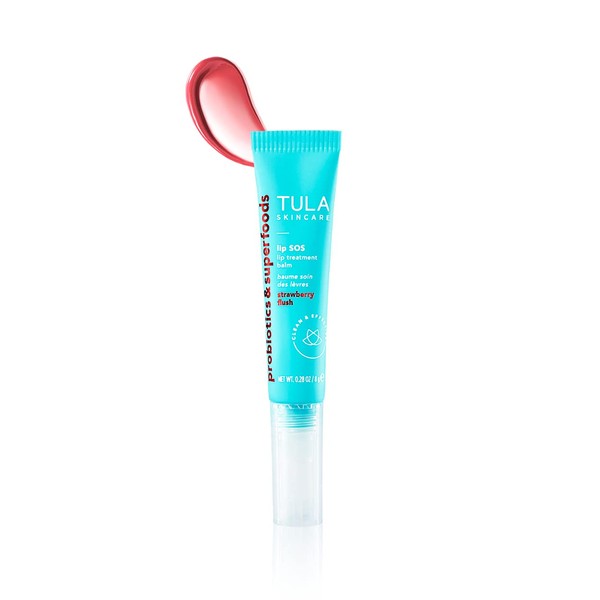TULA Skin Care Lip SOS | Lip Treatment Balm that Plumps, Smooths & Hydrates lips with a Glossy Tint, Strawberry Flush | .28 oz