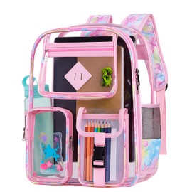 FINEJUSTOK Clear Backpack-Heavy Duty PVC clear backpack for Stadium/Travel/Work,Dual Zippered Compartments&Mesh Side Pockets (pink)