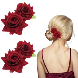 MBAIYO 2Pcs Rose Hair Clip Red Flower Hair Brooch Comb Flamenco Dancer Hairpin Flannel Bohemia Elegant Hairpin Fabric Floral Matte Red Rose Vintage Clips Bride Women Wedding Anniversary Birthday Party