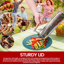 Rolling BBQ Grill Baskets, 2 Pieces, with Wooden Handle, Forks and Hooks, 304 Stainless Steel, Portable Nesting Strap Tools, BBQ Accessories, Outdoor Camping, Vegetables, Shrimp (2 x Round Improved)