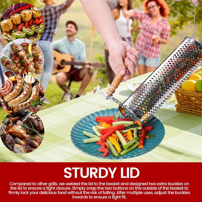 Rolling BBQ Grill Baskets, 2 Pieces, with Wooden Handle, Forks