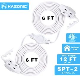 K KASONIC 12 Feet Twin Extension Cord Power Strip, 6 Feet on Each Side, Flat Head Outlet Plug,6 Polarized Outlets with Safety Cover, Double Extension Cord Splitter for Indoor Use, ETL Listed, White