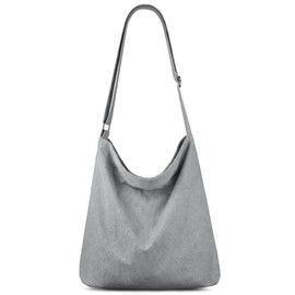 Kememo Crossbody Hobo Bag Corduroy Tote Bag with Zip, Large Capacity Shoulder Bag Handbags Shopping Bag for Women Girls Work School, Grey