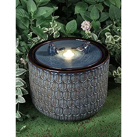 Glitzhome 14.75" H Garden Fountain with LED Lights and Pump, Turquoise Two Birds Embossed Leaf Pattern Cylindrical Ceramic Floor-Standing Water Fountain for Porch Deck Patio Backyard Home Art Decor