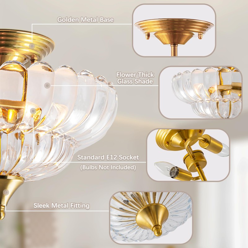 FTL Gold Semi Flush Mount Ceiling Light, Vintage Scalloped Transparent