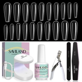 SAVILAND Gel X Nail Kit for Beginner: Long Coffin Nail Tips with 4-in-1 Nail Glue Gel and Nail Lamp Clear Gel X Tips Acrylic Nail Kit for Nail Extensions, Nail Art DIY Salon At Home Gift for Women
