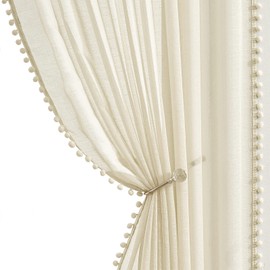 Treatmentex Boho Curtains with Pompoms, Eyelets, 140 cm Wide, Transparent Curtains with Tassels, Voile Eyelet Curtain, Decorative Curtain for Living Room, Bedroom, 2 Pieces (140 x 225 cm, Beige)