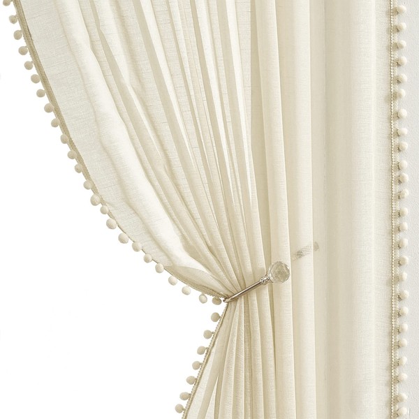 Treatmentex Boho Curtains with Pompoms, Eyelets, 140 cm Wide, Transparent
