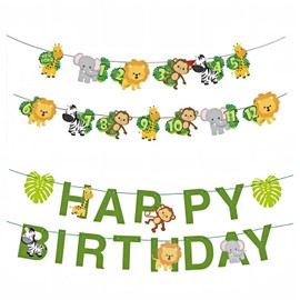 NEVKA 2 Pcs Birthday Decorations, Animal Happy Birthday Banner, Monthly Banner Wild Jungle Theme Party Supply Animal Decor Monkey Lion Zebra Animal Party