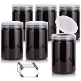 JUVITUS Amber Large 25 oz PET Plastic (BPA Free) Refillable Jar with Clear Natural Flip Top Cap - (6 pack) + Labels