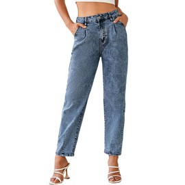 EVALESS Women's Baggy Jeans High Waisted Stretchy Taperred Leg Boyfriend Loose Barrel Denim Trousers Ankle Pants Blue 12