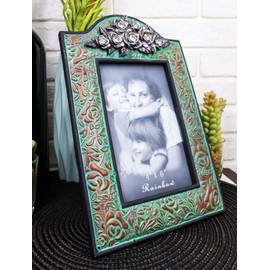 Ebros Gift Rustic Western Silver Roses Floral Arrangement with Scroll Lace Turquoise Patterns Sculpted Tooled Leather Easel Back Picture Frame for 4"X6" Photo Cabin Lodge Cottage Farm House Accent