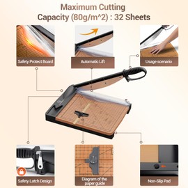 SyntpNovo 12 Inch Heavy Duty Paper Cutter, Wood Guillotine Paper Cutter & Paper Trimmer, 30 Sheets Capacity Paper Cutting Board for Classroom, Crafting, Cardstock Black