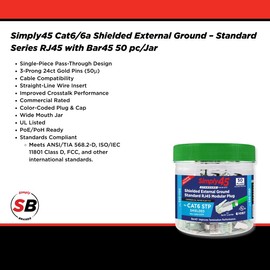 Simply45 Shielded External Ground Cat6/6a RJ45 Modular Plugs with Bar45 Load Bar - Green Tint, 3 Prong Pin Design - 50-Pieces/Jar - S45-1150