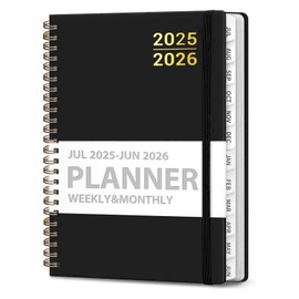 Planner 2025-2026 For Women & Men, Weekly and Monthly Calendar Notebook (July 2025 - June 2026), Hardcover Spiral Bound School Teacher Student Planner with Tabs, Inner Pocket, A5 (6.3" x 8.5") - Black