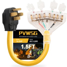 50 Amp to 20 Amp Adapter, 110 Generator RV Distribution NEMA 14-50P Male to 4X 5-15R/5-20R Female with Lighted End and Dust Protection Caps, 1.5 FT