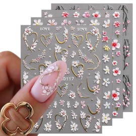 JMEOWIO 3D Embossed Flower Nail Art Stickers Decals Self-Adhesive 5D Spring Summer Floral Nail Supplies Nail Art Design Decoration Accessories 4 Sheets